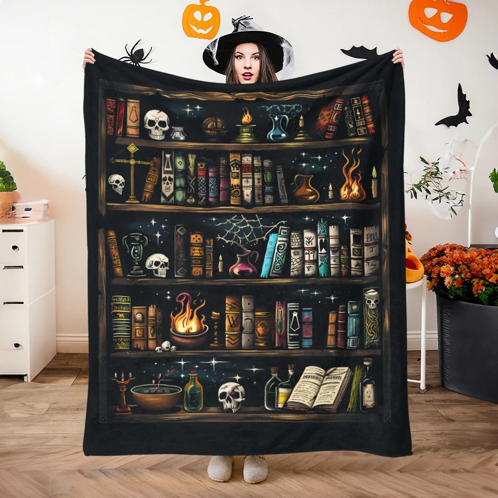 Spooky Gothic Halloween Bookshelf Blanket Witchy Skull Occult Library Throw  Autumn Fall Decor for Home Gift