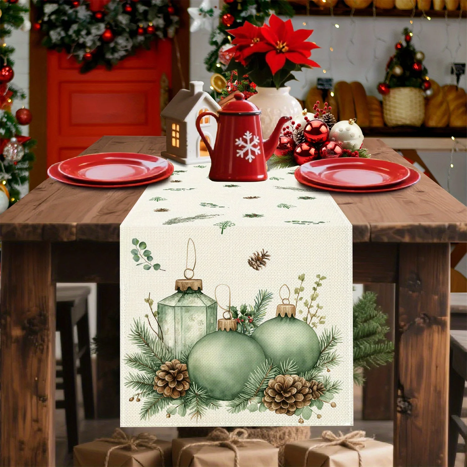 Green Christmas Ball Table Runner, Watercolor Pine Cone Eucalyptus Holly Table Decor, Seasonal Winter Holiday Kitchen Dining