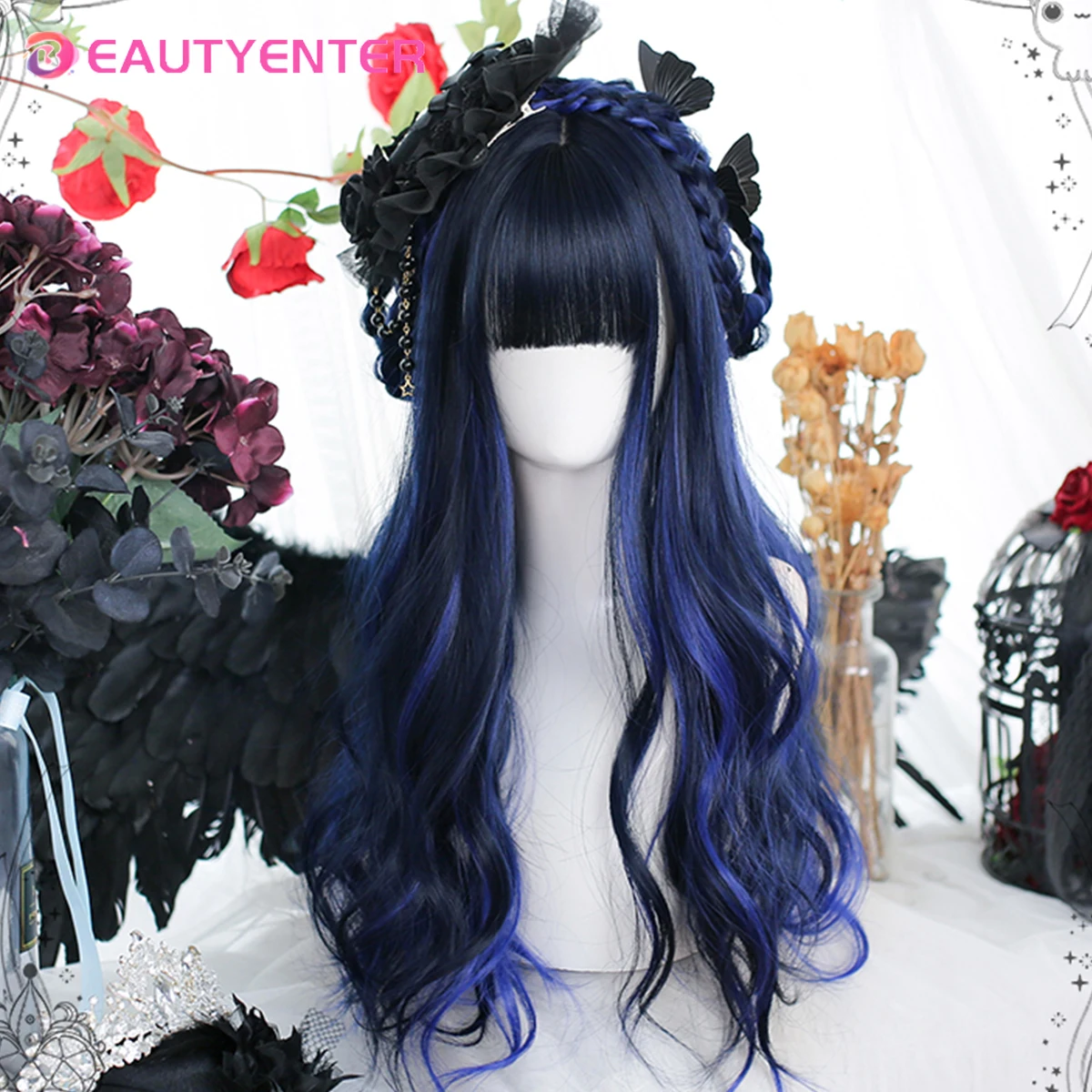 Synthetic wig Lolita wig Blue highlight black large wave curls Natural long hair curls For Cosplay With Bangs