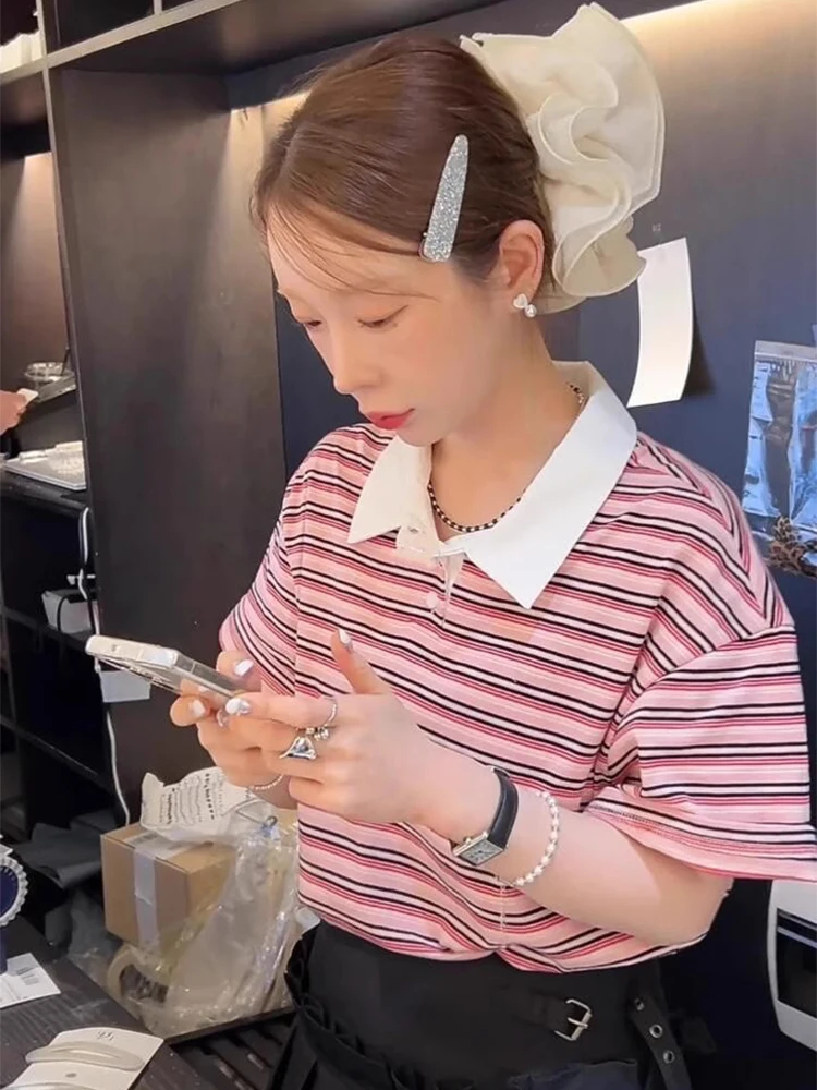 

Sweet Anti-Aging Color Blo Ne ort Sve Striped T-irt Women's Summer New Basic Loose Top Korean Sle Casual Wear
