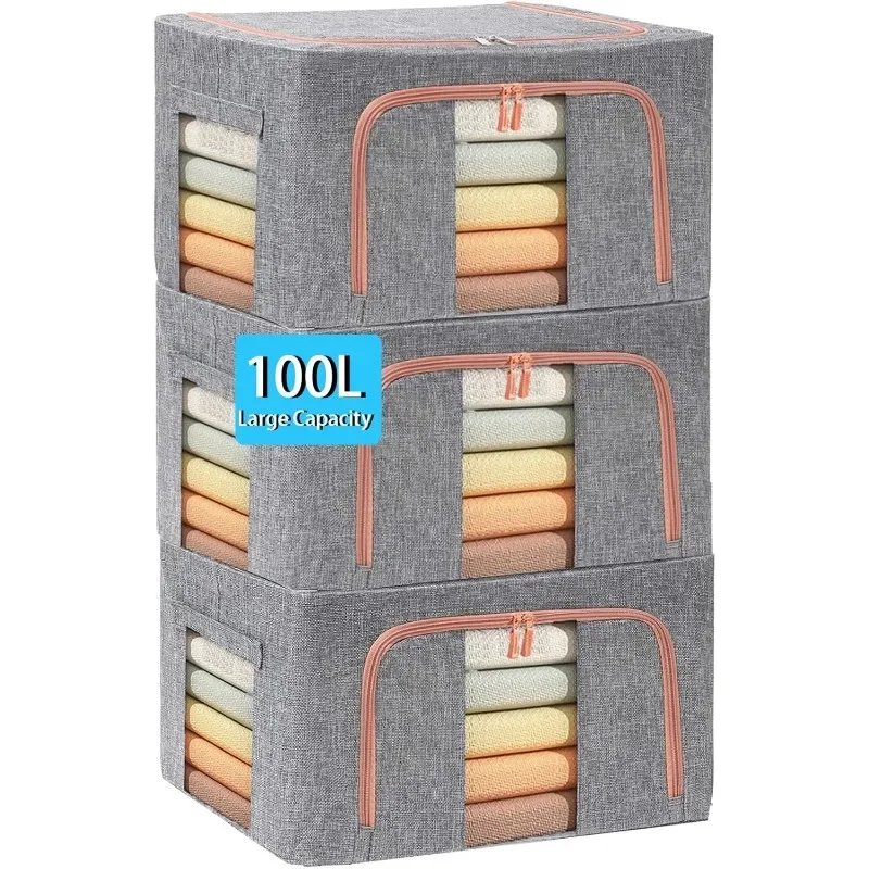 

Large Capacity Clothes Storage Bags,Stackable Storage Organizer with Foldable Metal Frame, Zipper, Handles, Clear Window