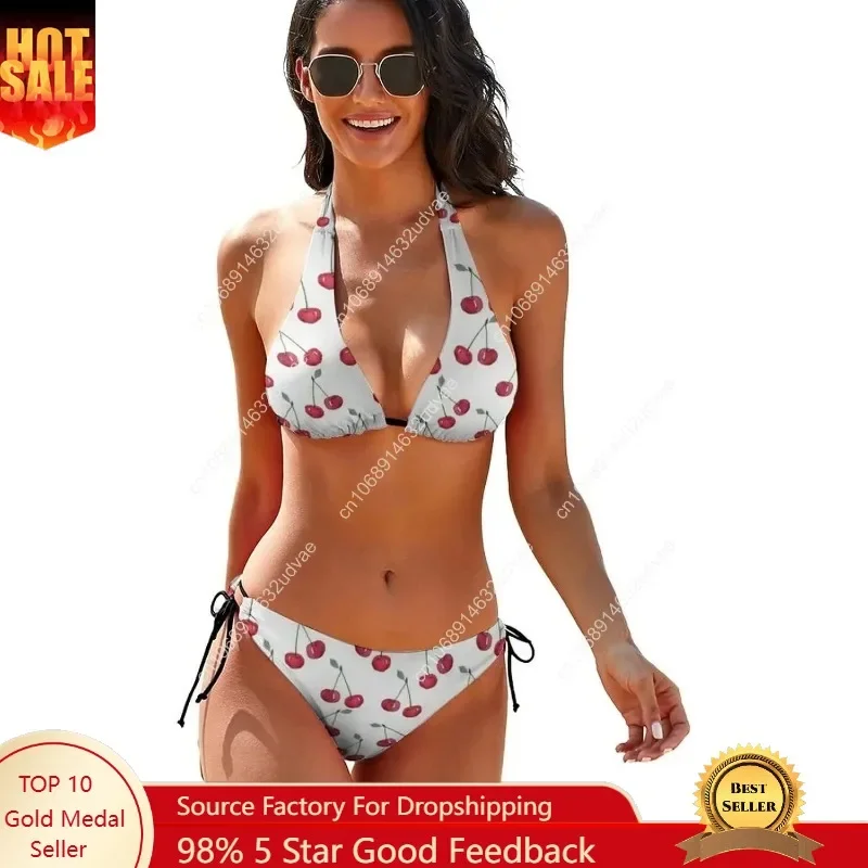 Women Two Piece Swimsuit Cute Cherry Tie Side Triangle Bikini Bathing Suit