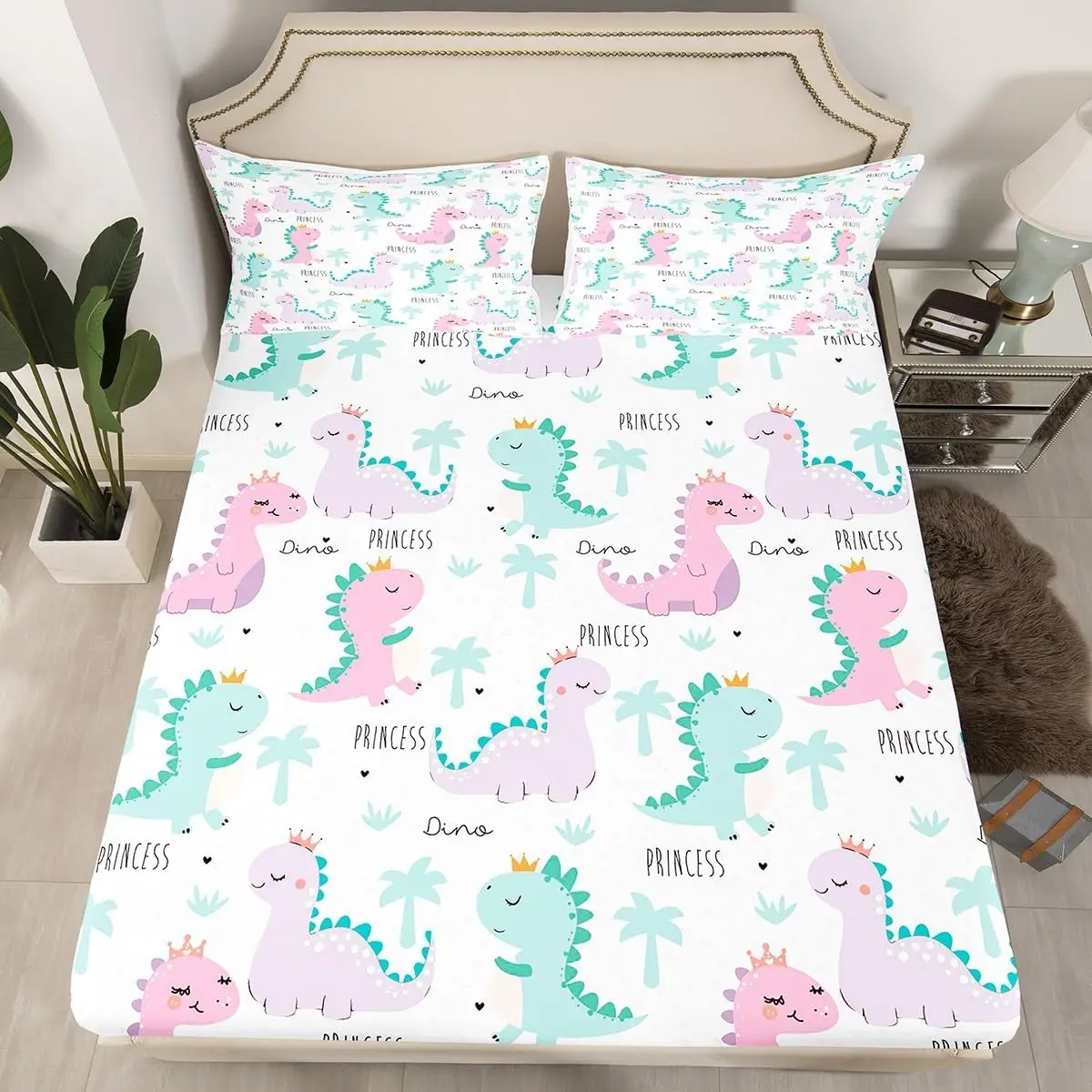 Cute Dinosaur Fitted Sheet Single Queen Cartoon Bedding Set,Lovely Animals Dino Bed Sheet Set for Boys Girls Kawaii Room Decor