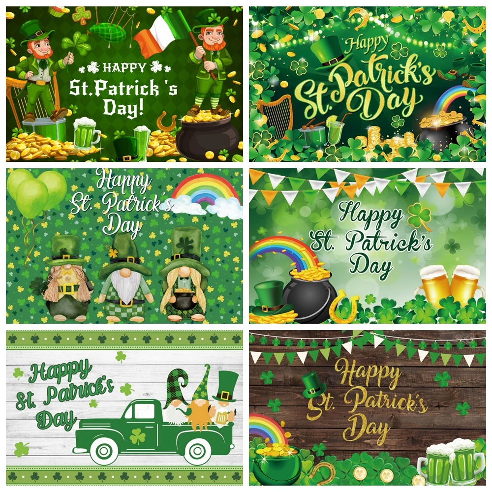 Happy St. Patrick’s Day Backdrop Photography Clover Hat Ireland Shamrocks Gold Coin Party Baby Portrait Background Photo Studio