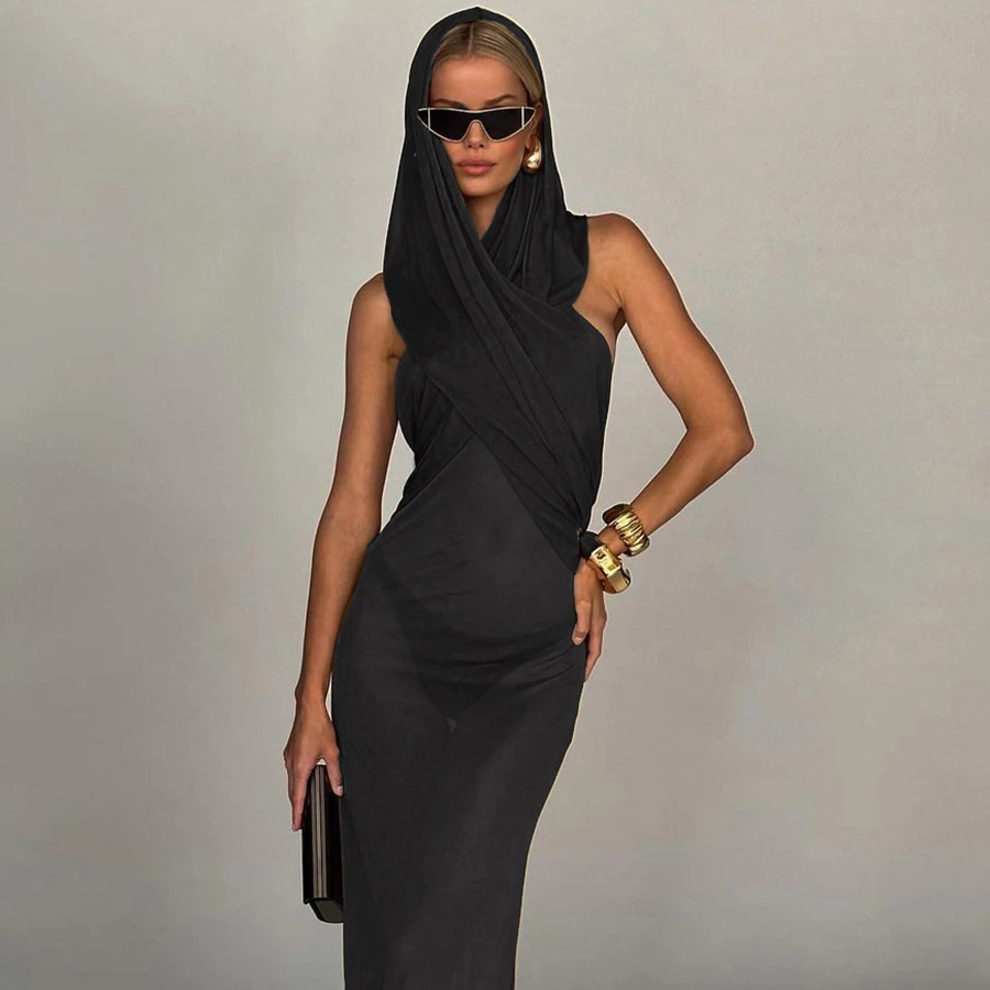 Women Cross Hooded Dress  Sheer Stretch Sleeveless Backless Skinny 2023 Summer Elegant Fashion Solid Bodycon Vestidos