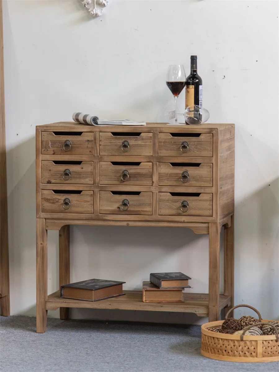 Retro solid wood chest cabinet Old wood multi-drawer nine buckets eight buckets glass door Simple storage Bookcase High cabinet