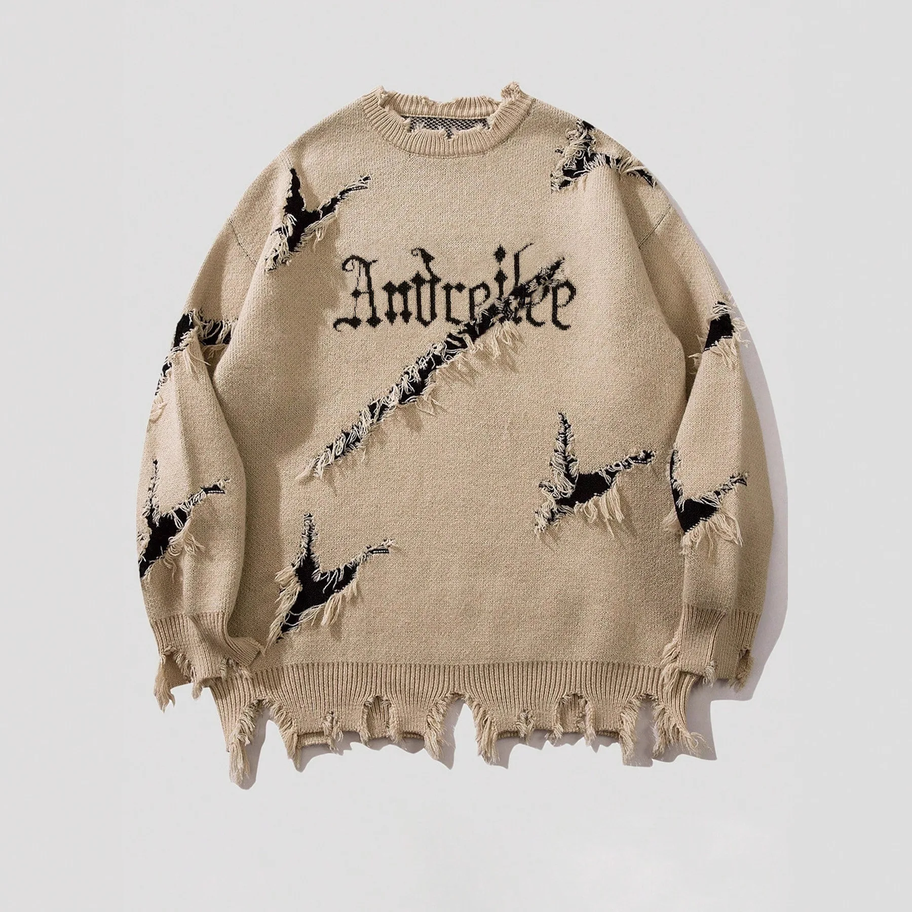 2025 New Men Distressed Sweater Hip Hop Pullover Vintage Casual Knitwear Top Streetwear Fashion Autumn Winter