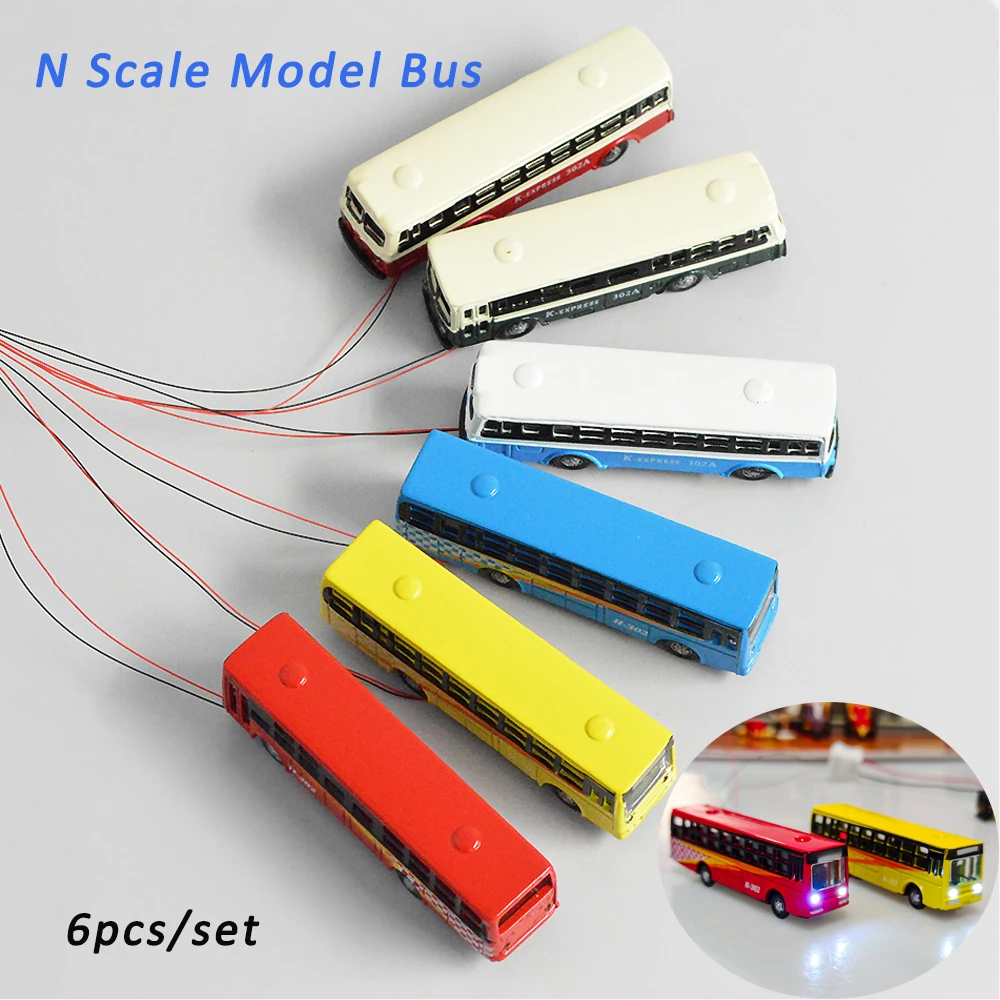 

6Pcs/set 1:150 N Scale Miniature Bus Model Luminous Car Alloy Vehicle Toys Collection Architecture Building Layout for Diorama