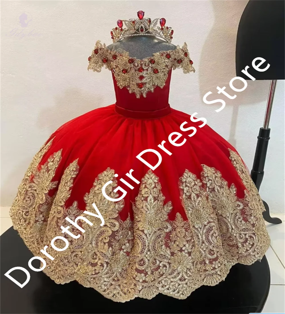 

Elegant Red Mesh With Gold Lace Flower Girl Dress Fluffy First Communion Princess Host Guest Prom Custom