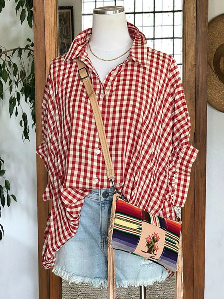 Top de manga Dolman a cuadros, blusa de lino rojo con hombros caídos, Mangas de globo, camisa, chaqueta, cuello de solapa con muescas Boxy