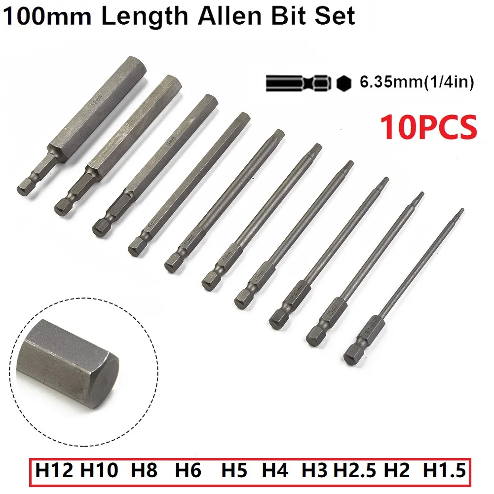 

10Pcs Hex Head Wrench Drill Bit 100mmS2 Steel Screwdriver Bits Metric 1 4 Hex Shank Nozzle Screwdriver Bits Tool