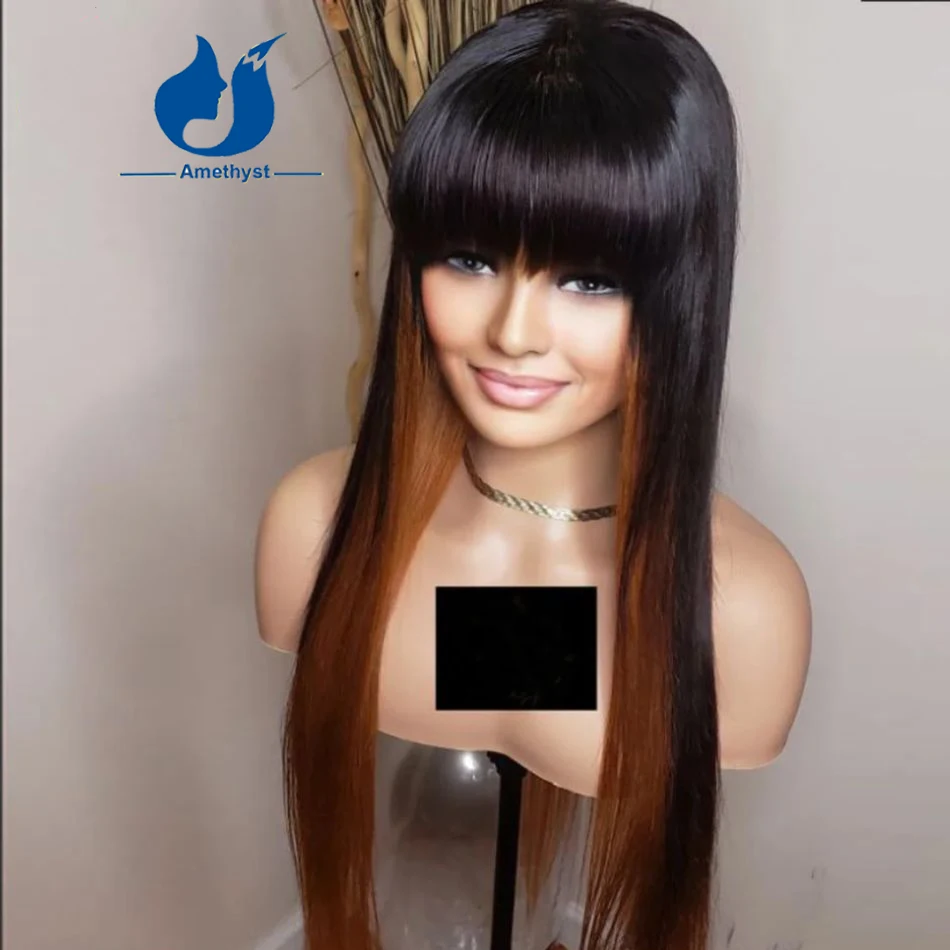 Straight Highlight Brown Human Hair Wig with Bangs Full Machine Made Wig for Women Scalp Top Brazilian Burgundy Highlight Hair