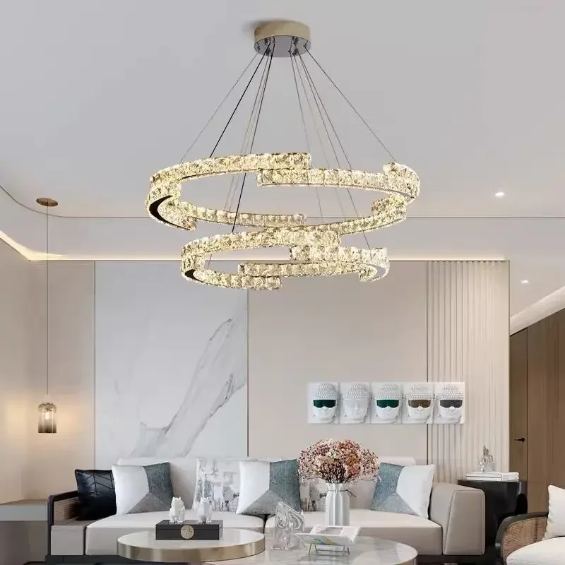 

Italian Double Layer Luxury Crystals Chandelier Dining Bedroom Ring LED Pendant Lamps Home K9 Crystals Dimmable High-end Lights