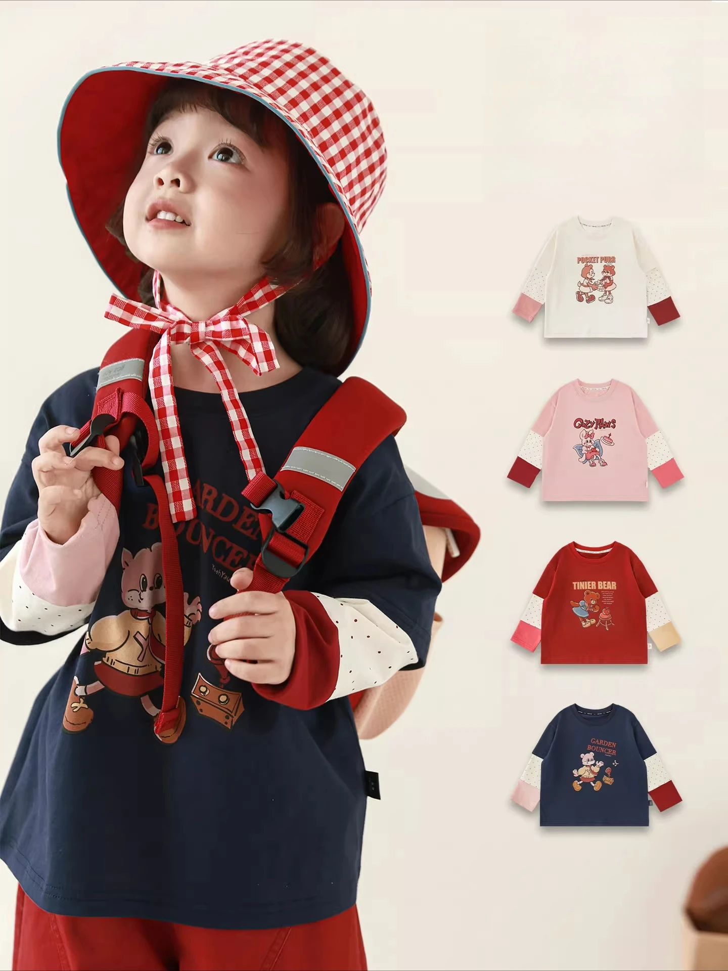 Girls 2026 Spring Cartoon Layered Tee Loose Fit Pure Cotton Kids Top Playful Comfort 3-7Y