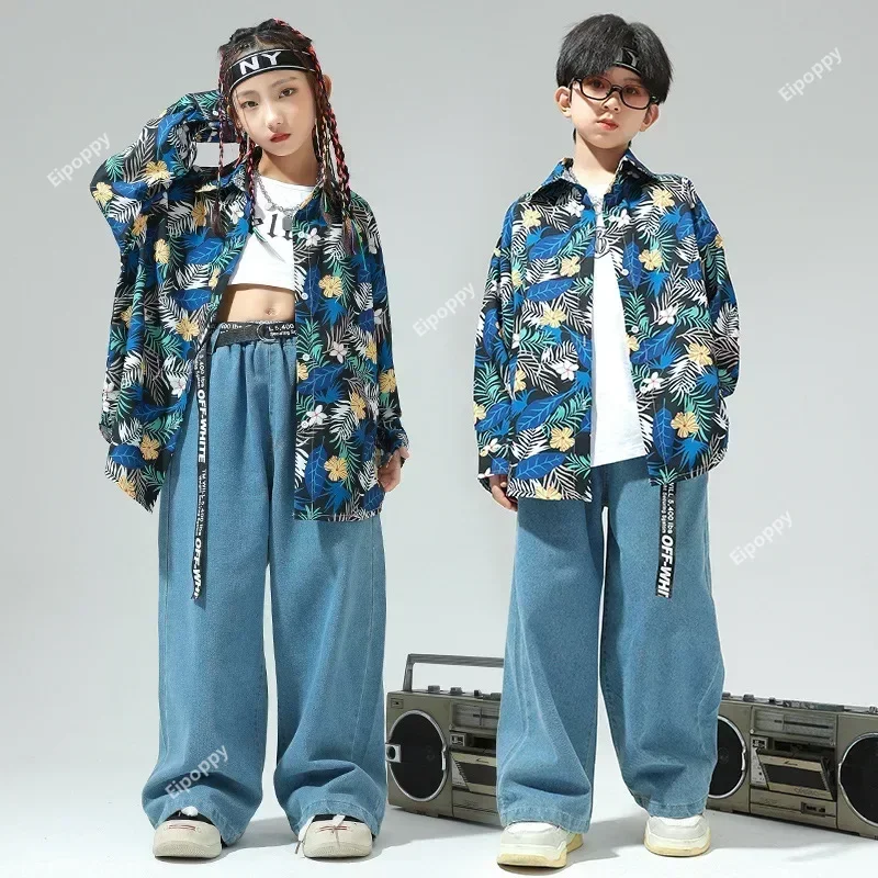 

Street Style Dance Fashion Suit Kids Boys and Girls Hip-hop Jeans Set Children Retro Hong Kong Floral Shirt for Show Performance