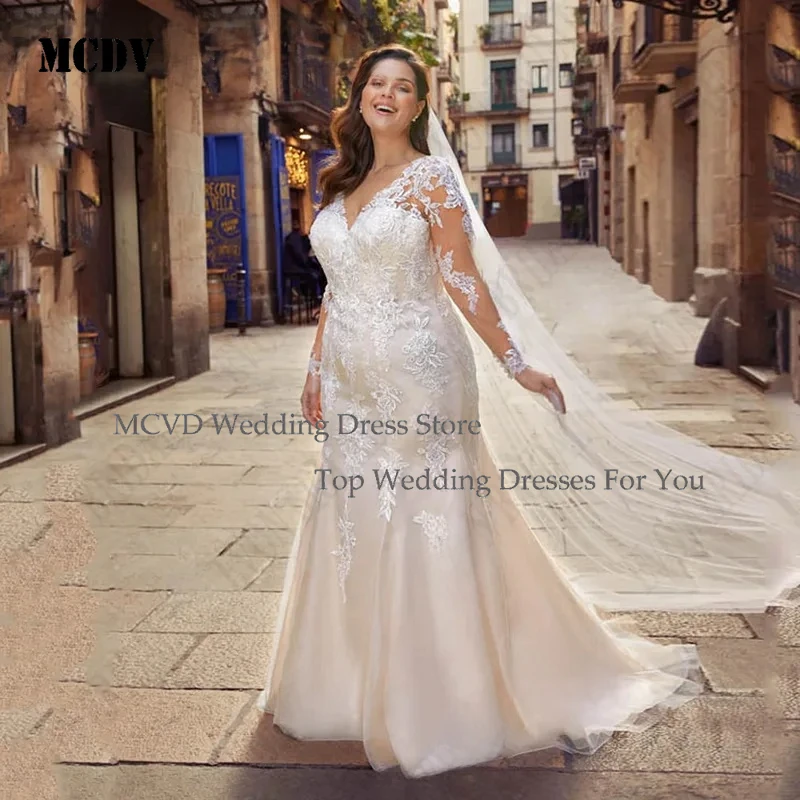 

Mermaid Plus Size Wedding Dresses For Big Women Long Sleeves Button Back Applique Bridal Gowns vestidos de novia