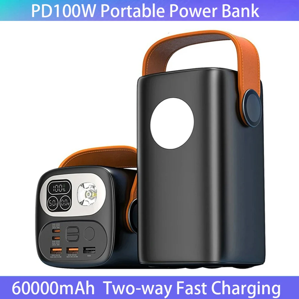 60000mAh PD100W Portable Power Bank Two-way Fast Charging Power Station LED For Home Camping Emergency Mobile Charging Station