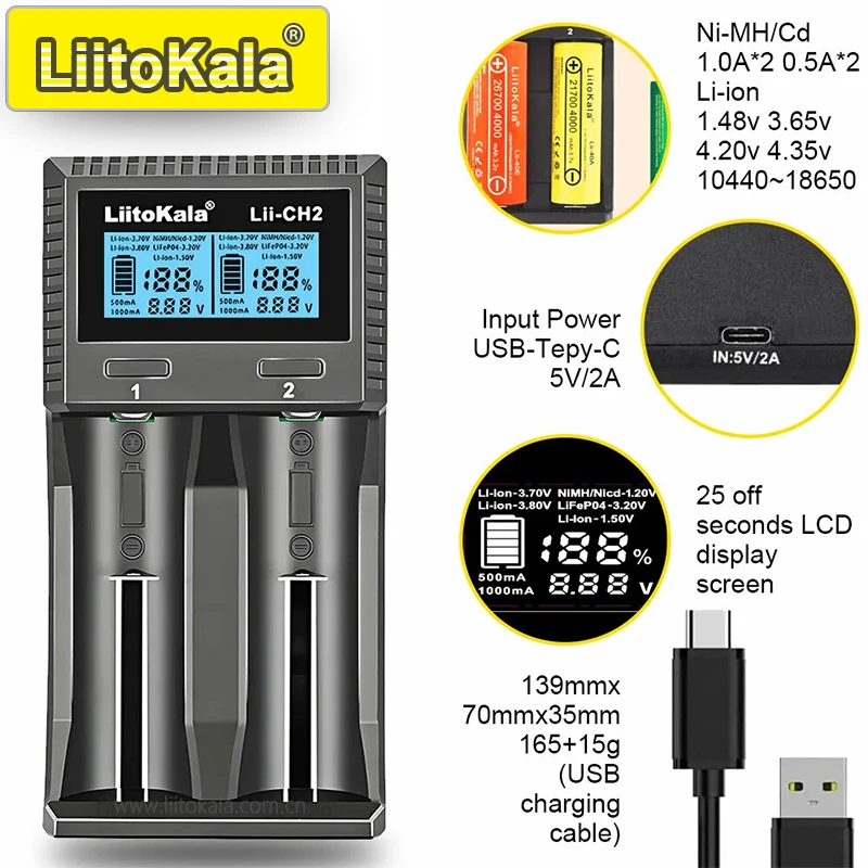 LiitoKala Lii-CH4 slimme oplader voor 18650/21700/26650/AA/AAA/Ni-MH/Li-ion, 1,2 V/1,5 V 4-slots snel opladen, USB-C, automatisch detecteren