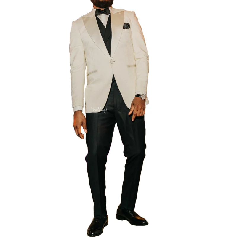 

Ivory Wedding Groom Suits 3 Pieces Peaked Lapel One Button Blazer Sets Double Vent Costume Homme Mariage Coat+Vest+Pants