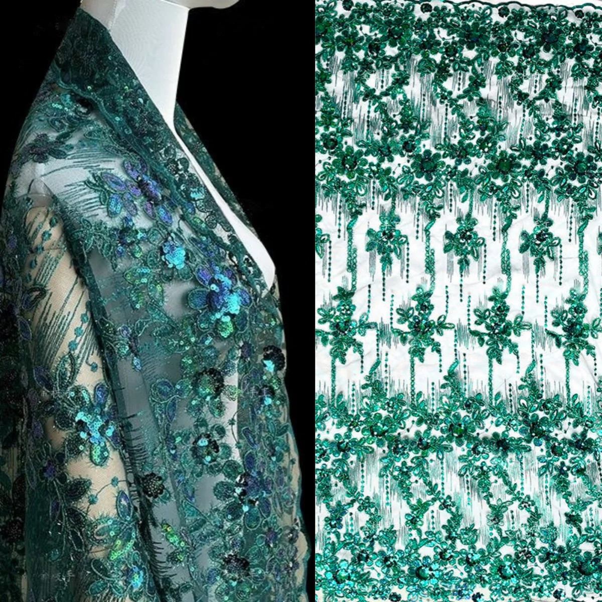 

Dark green mesh embroidery lace fabric sequin embroidery sewing cheongsam evening dress high-end jacquard clothing fabric