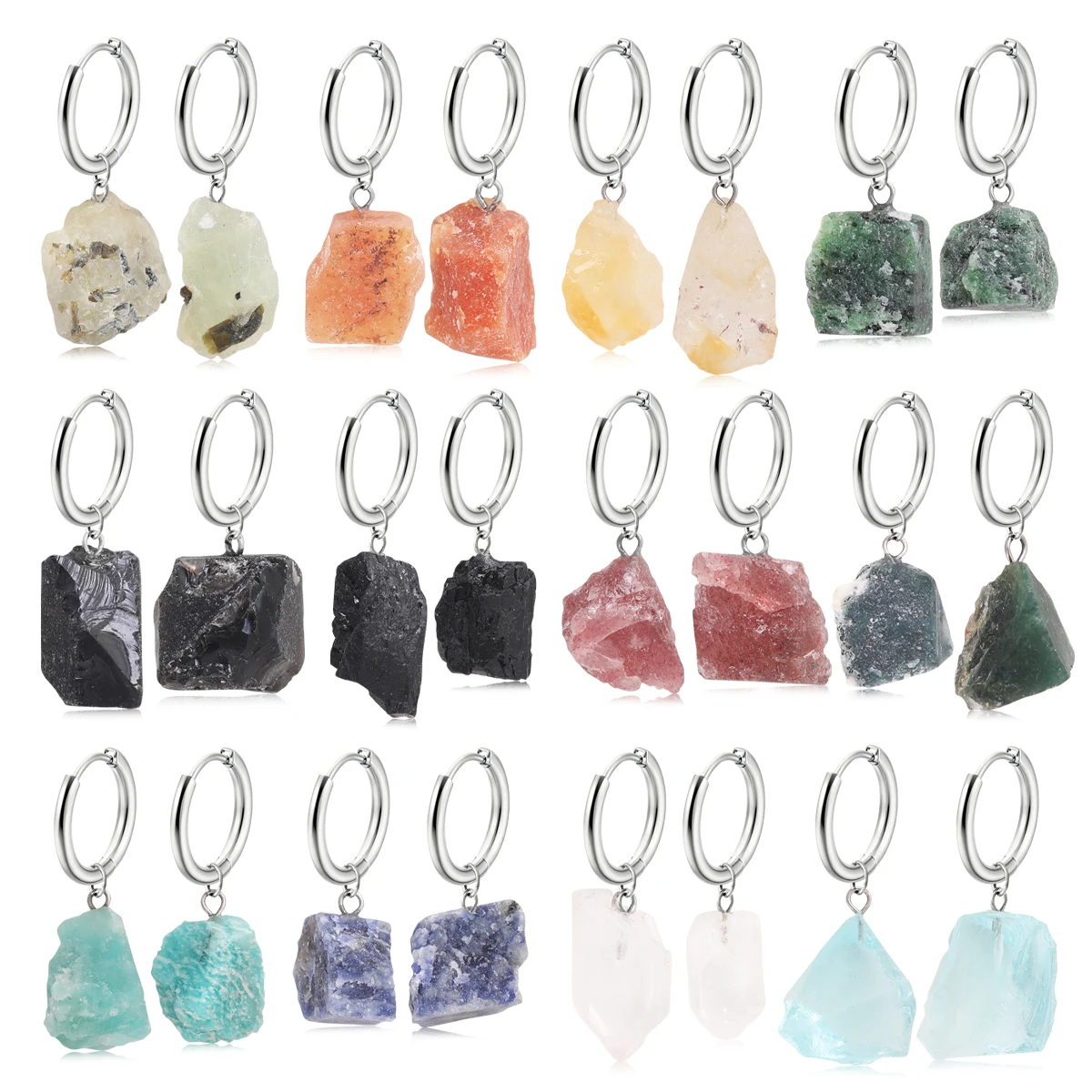 

Irregular Natural Stone Earrings Black Tourmaline Amethyst Agate and Labradorite Stainless Steel Dangle Earrings for Women Gifts