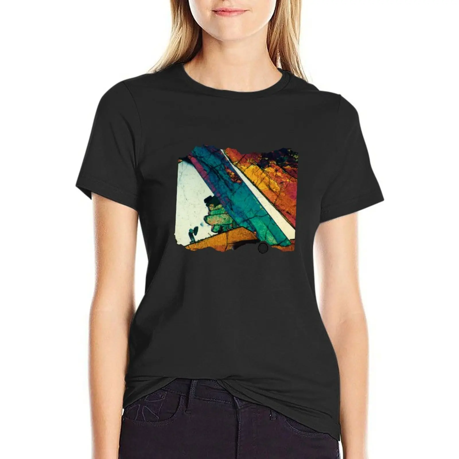 Geological thin section photography, magnified view of Epidote Blades in Quartz T-Shirt blanks female black t shirts for Women