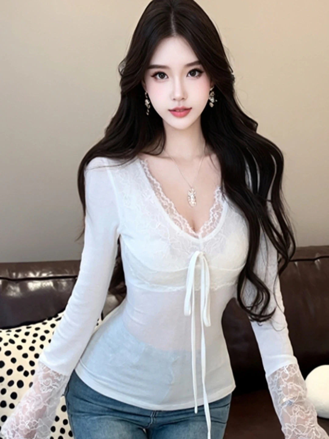 

Sexy Lace Base Shirt V-neck Inner Wear Elegant Autumn Winter New Style Fashionable Knitted French Style Standard Fit Long Sleeve