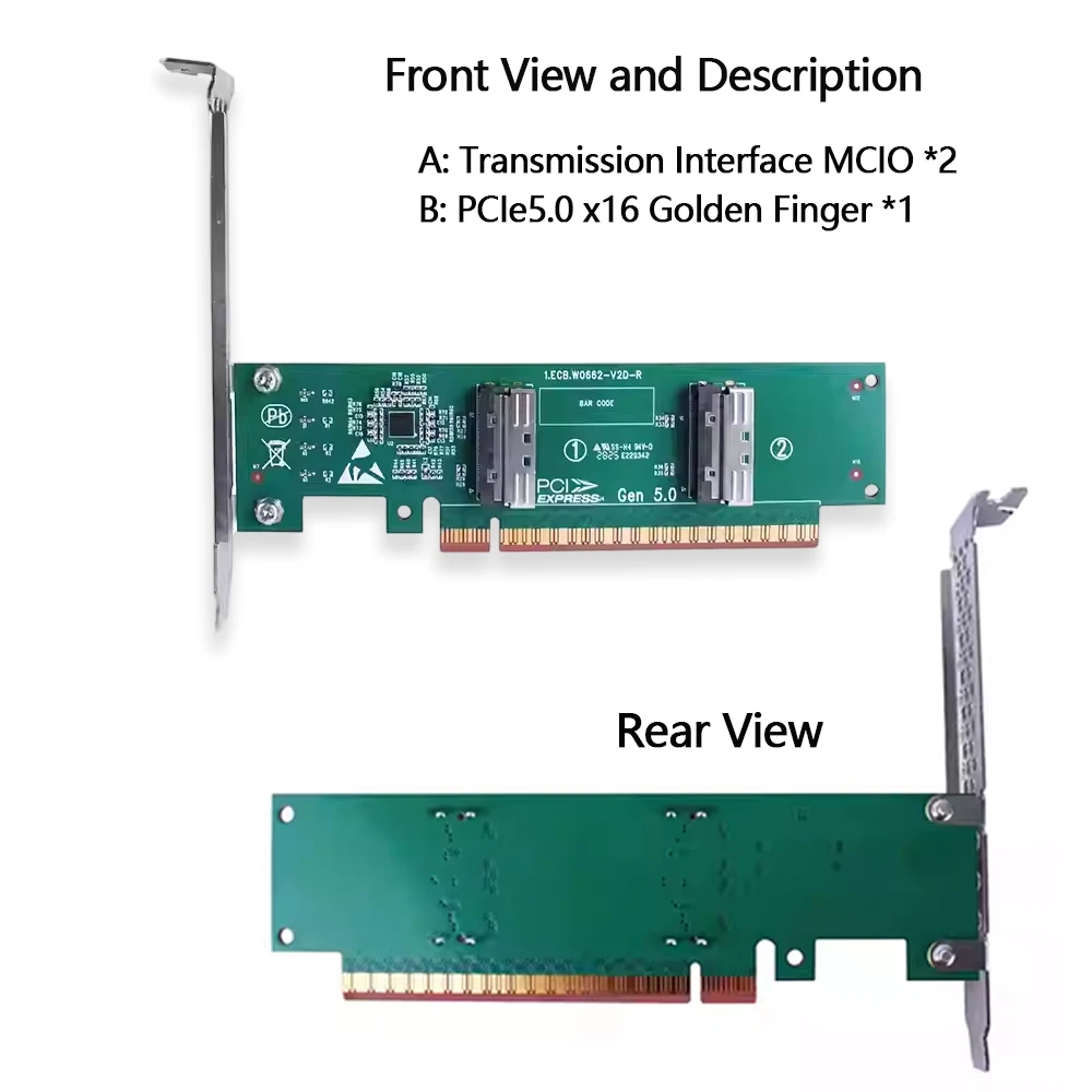 PCle 5.0 X16 To MCIO 8i 1U Independent  Extension Adapter / Expansion Adapter Card Dual MCIO Port HBA Card 32Gb/s 2x MCIO X8