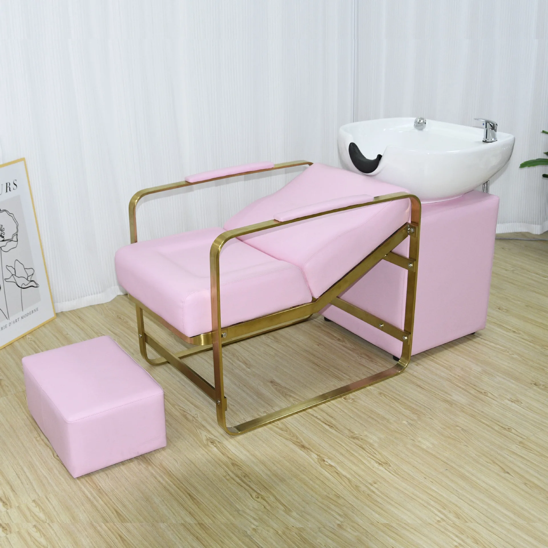 

Modern Pink Style Hair Salon Barber Shop Chair with Simple Flushing Shampoo Bed New Pure Color Spa Bed Basin Cross-Border Design