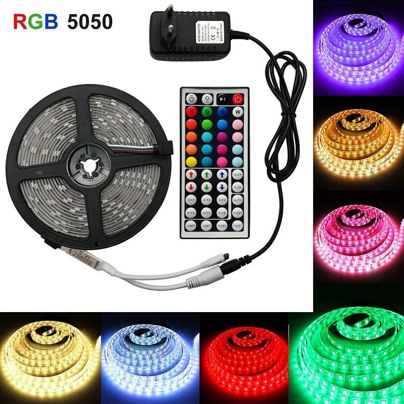 LED 5050 RGB Colorful Soft Strip Lights with 44-key Remote Control Set 12V High Bright Low Voltage Light US Plug