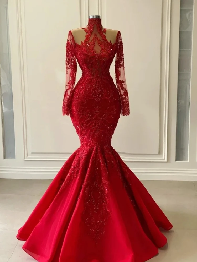 Custom Made Luxury Red Mermaid Evening Dresses Long Sleeve High Neck Lace Applique Long Women Formal Occasion Gown Party Wear