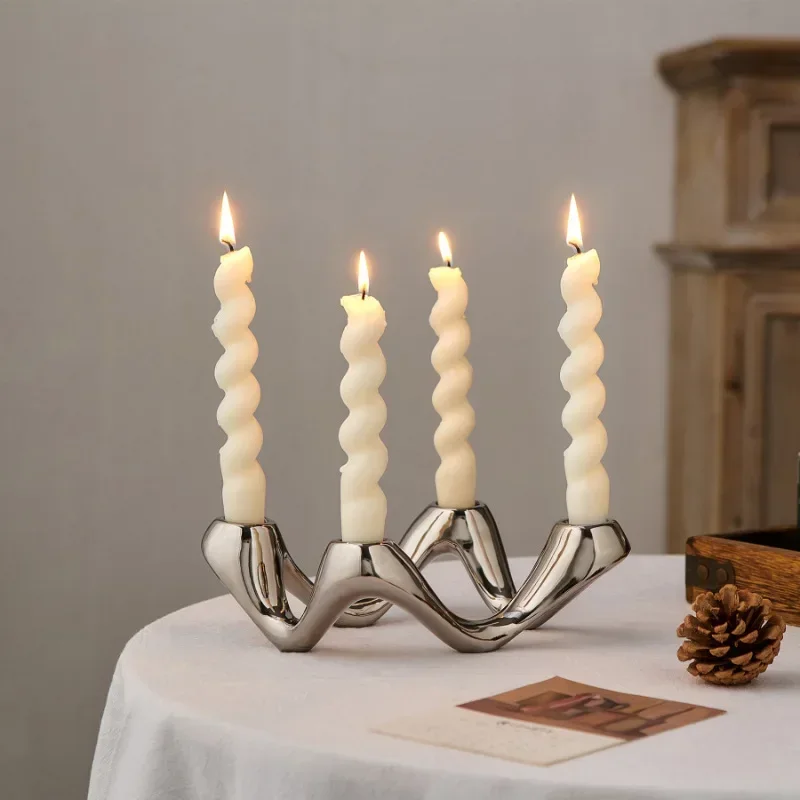 Silver Ceramic Candlesticker Decoration Wave Shaped Candle Holder Abstract Sculpture Ornament Nordic Ins Home Decoration