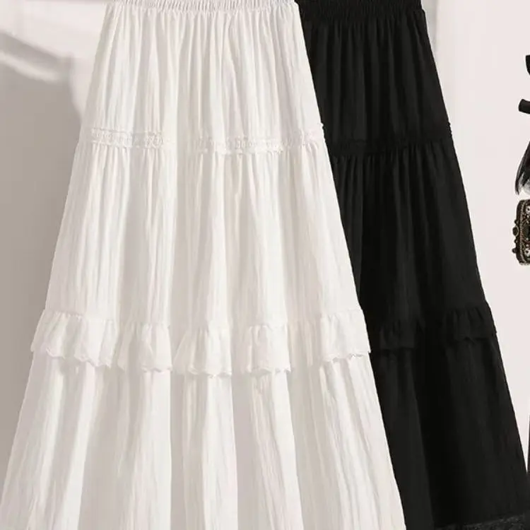 

Белая юбка миди с кружевными вставками, весна-лето, приталенная, с высокой талией, многоярусная, для офиса, из полиэстера