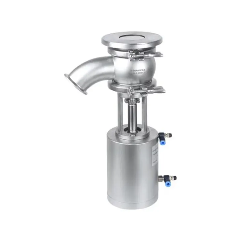 Sanitary pneumatic elbow tank bottom valve, with inner/outer open discharge tank bottom valve