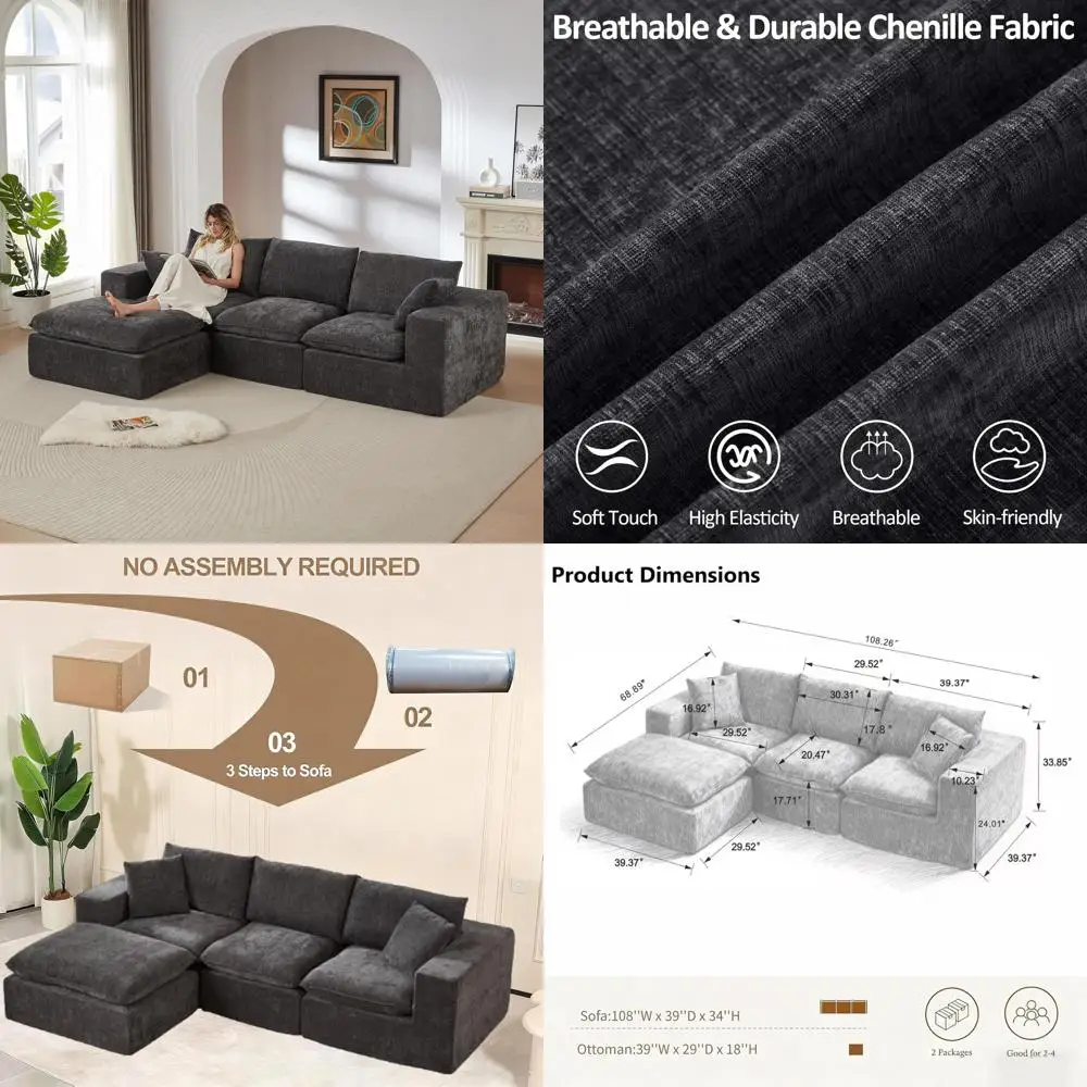 L-Shaped Deep Seating 4-Person Sectional Sofa with Movable Ottoman, Convertible Chenille Fabric for Living Room, Grey