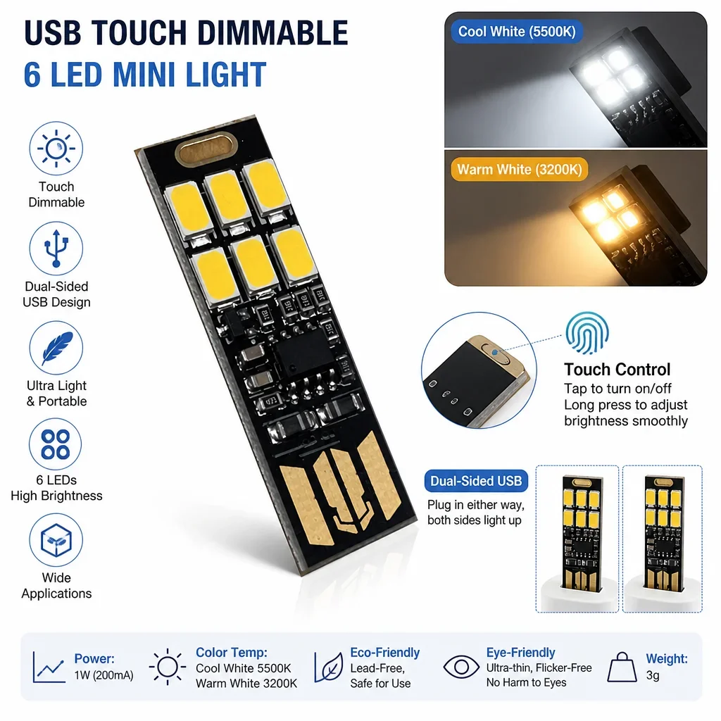 10/5/1PCS Mini 5730 USB Night Light 6 LED Light 5V Touch Sensor Dimmable for Power Bank Computer Laptop Book Reading Table Lamp