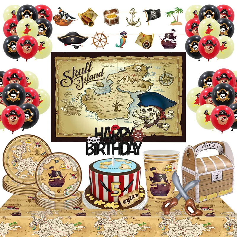 Décoration d'anniversaire Pirate, vaisselle, tasses, assiettes, serviettes, ballons, pailles, nappe, thème Pirates, arrière-plan, fournitures de fête d'anniversaire