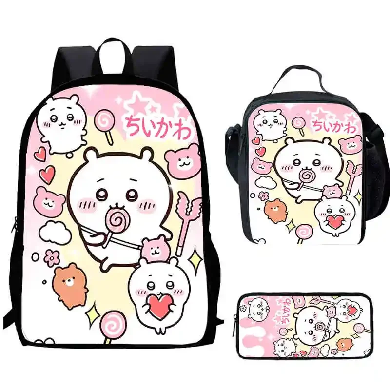 Cartoon Chiikawa Child School Backpack With Lunch Bags Pencil Bags For Kindergarten,Best Gift For Boys and Girls