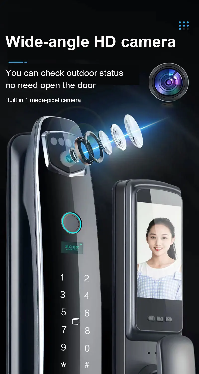 3D Face Recognition Smart Camera Lock Access Control Door Lock 7 Unlocking Method for 40-70mm Wooden Door Work Well in the Dark