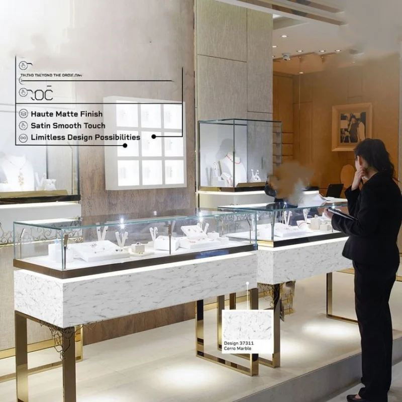 Custom, Luxury Jewelry Showroom Display Gold Diamonds Display Counter Jewelry Exhibition Showcase