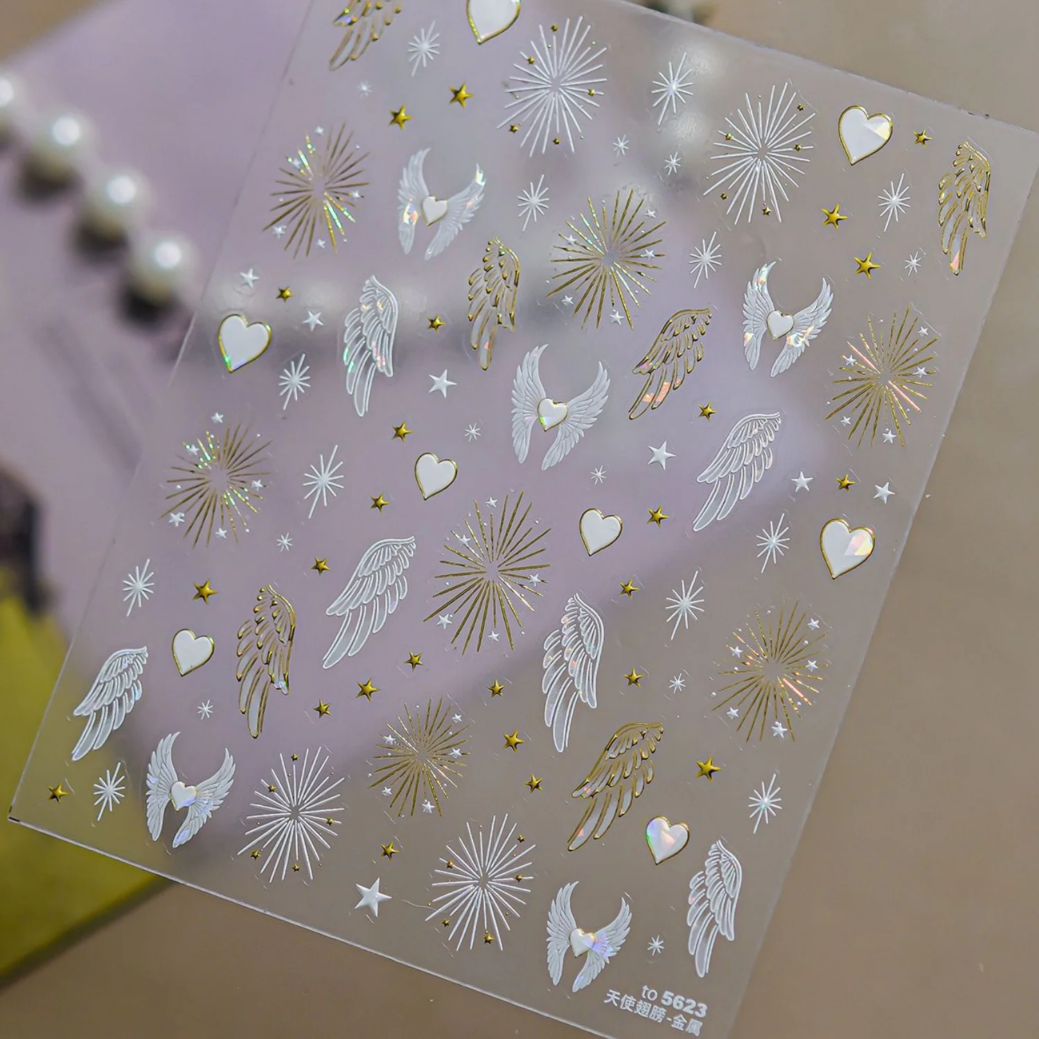Holographic Angel Nail Art Stickers 5D Gold Foil Wing Heart Star Beam Firework Star Self Adhesive Nail Decals for Acrylic Nails