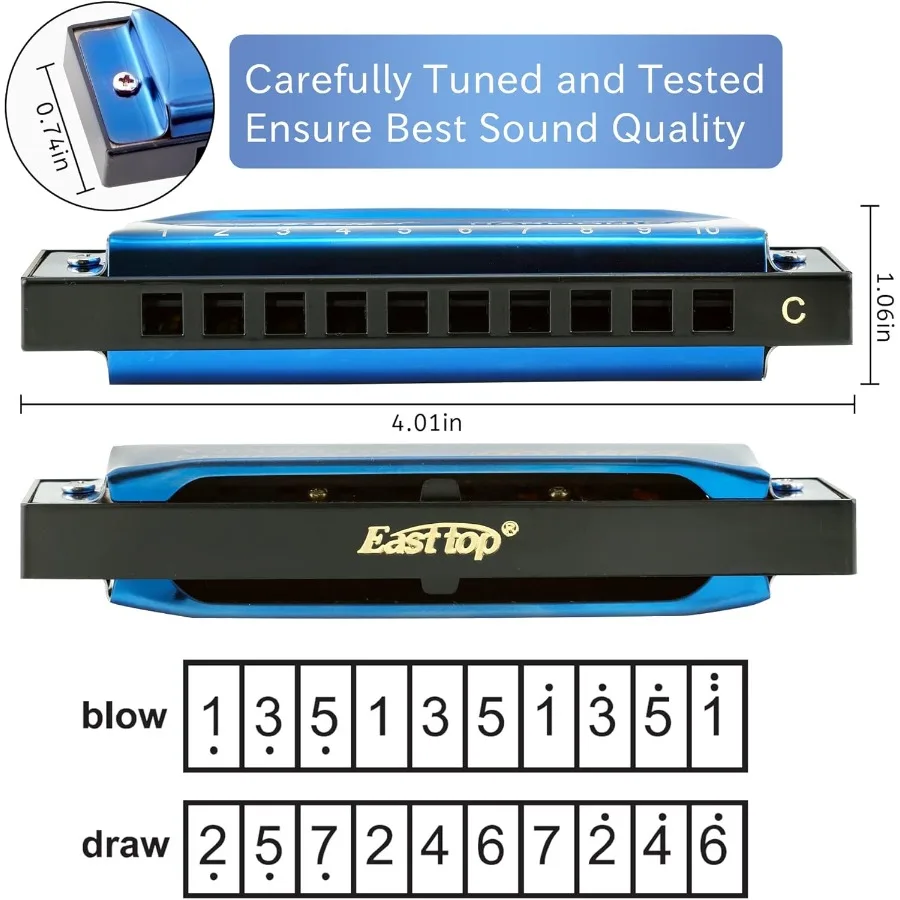 مجموعة هارمونيكا إيست توب مكونة من 310 فتحة بلوز هارب دياتونيك ماوث أورجان هارمونيكا مع 3 مفاتيح A C G للاعبي الفرقة للبالغين