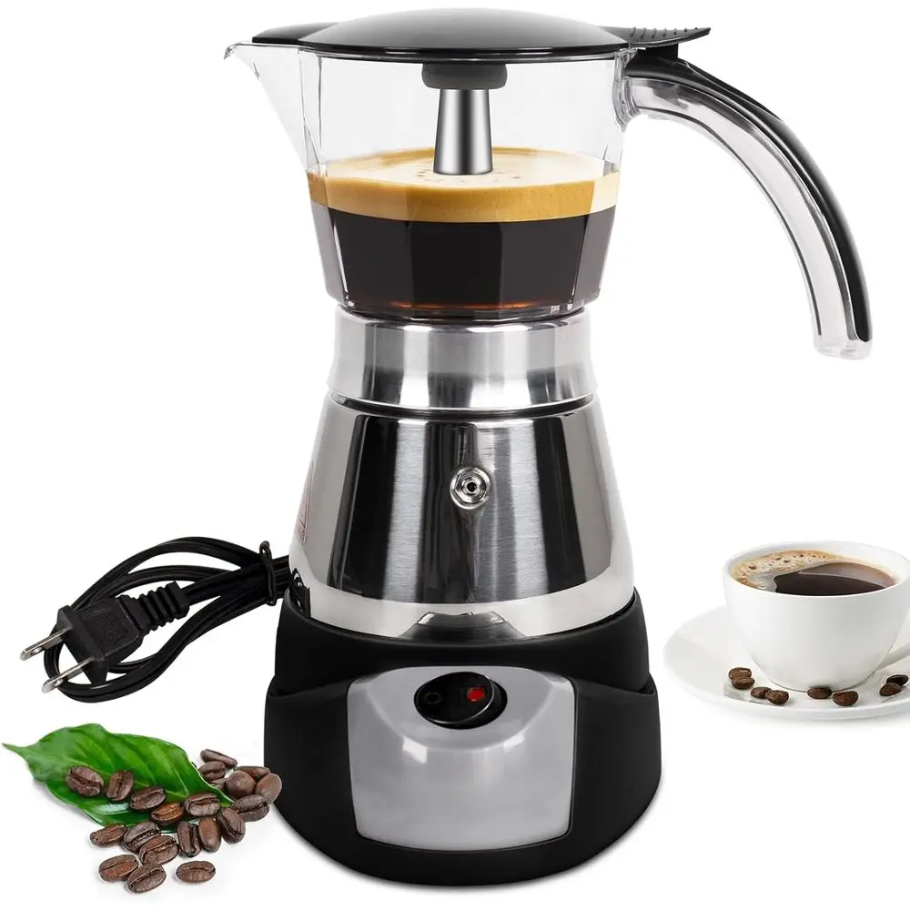 

Electric Moka Pot 6 Cup 300ml Plastic Transparent Stovetop Maker Portable StainlSteel Mocha Pot Percolator In Coee Makers Greca