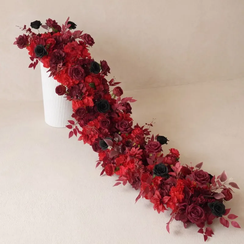 

Dark Cool Style Wedding Hight Quality Simulation Flower Red Black Rose Anthurium Table Runner Flower Row Wedding Backdrop Decor
