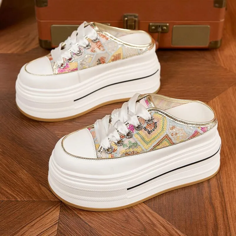 

2026 Women's Casual Shoes Summer 8.5cm Chunky Sneakers Female Novetly Fashion Bling Mules Shoes High Brand Comfy Slides Slippers