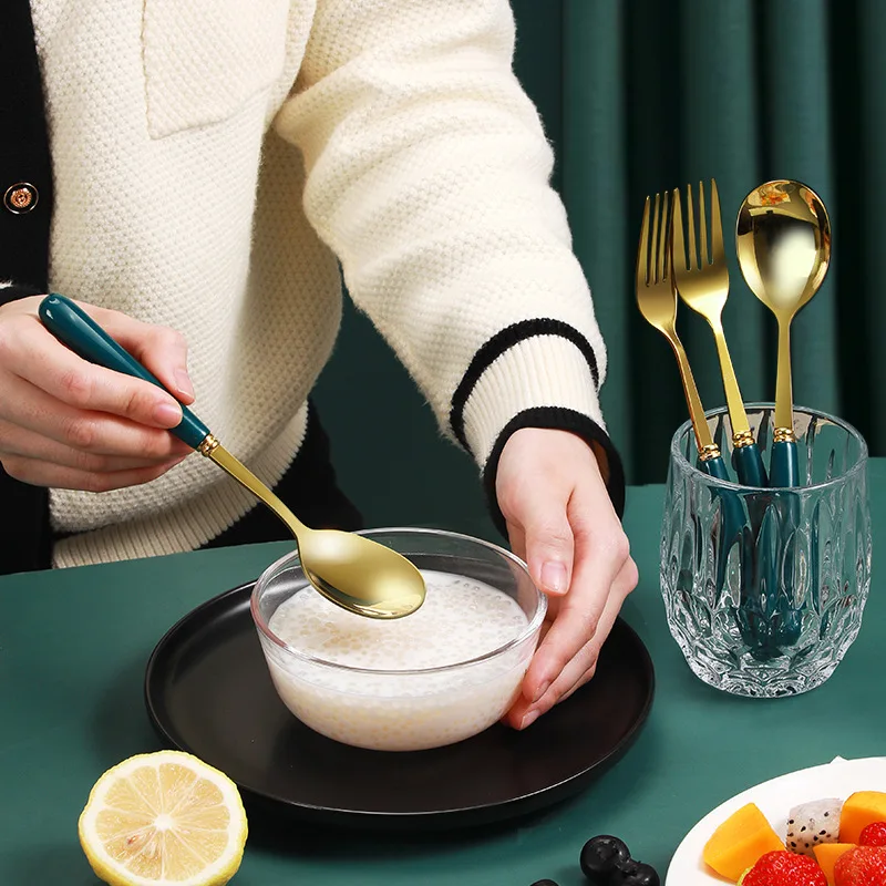 Ceramic Handle  Stainless Steel Spoon Fork Steak Knife Tableware Green Golden Teaspoons Home Cutlery Set New Kitchen Utensils