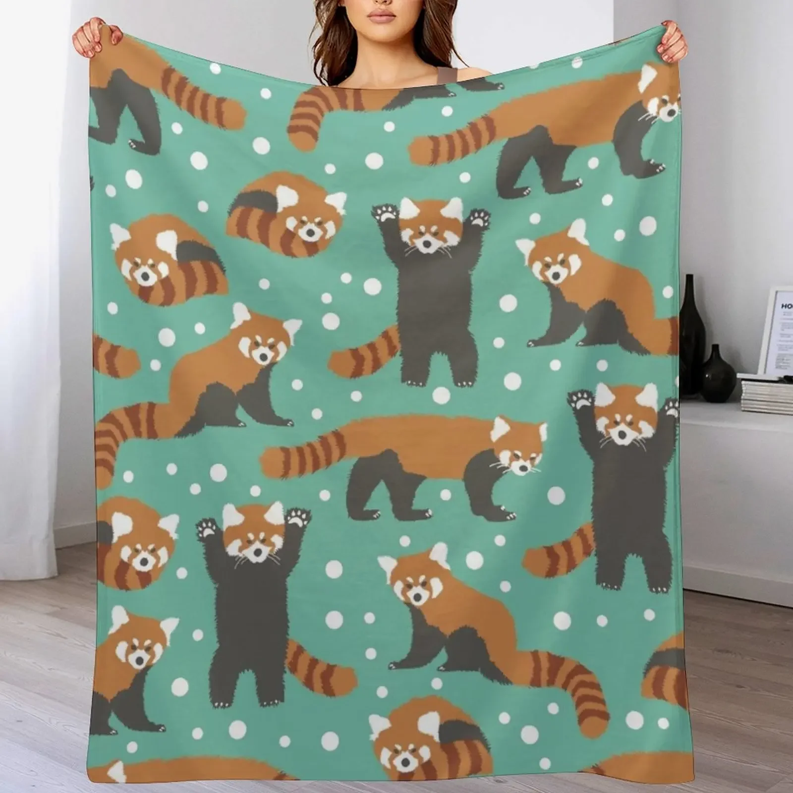 

Cute red panda pattern with white dots and turquoise background Throw Blanket Soft Warm Blanket Gift for Grandparents