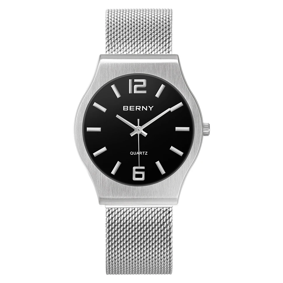 BERNY Watches for Men 34mm Simple Fashion Quartz Women Watch Full Stainless Steel Waterproof Couple Watches