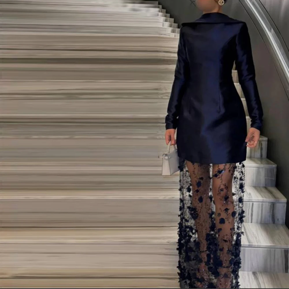 

Customized Navy Blue Prom Dress with Long Sleeves Floral Appliques Special Occasion Dresses See Through Bottom Casual Skirt