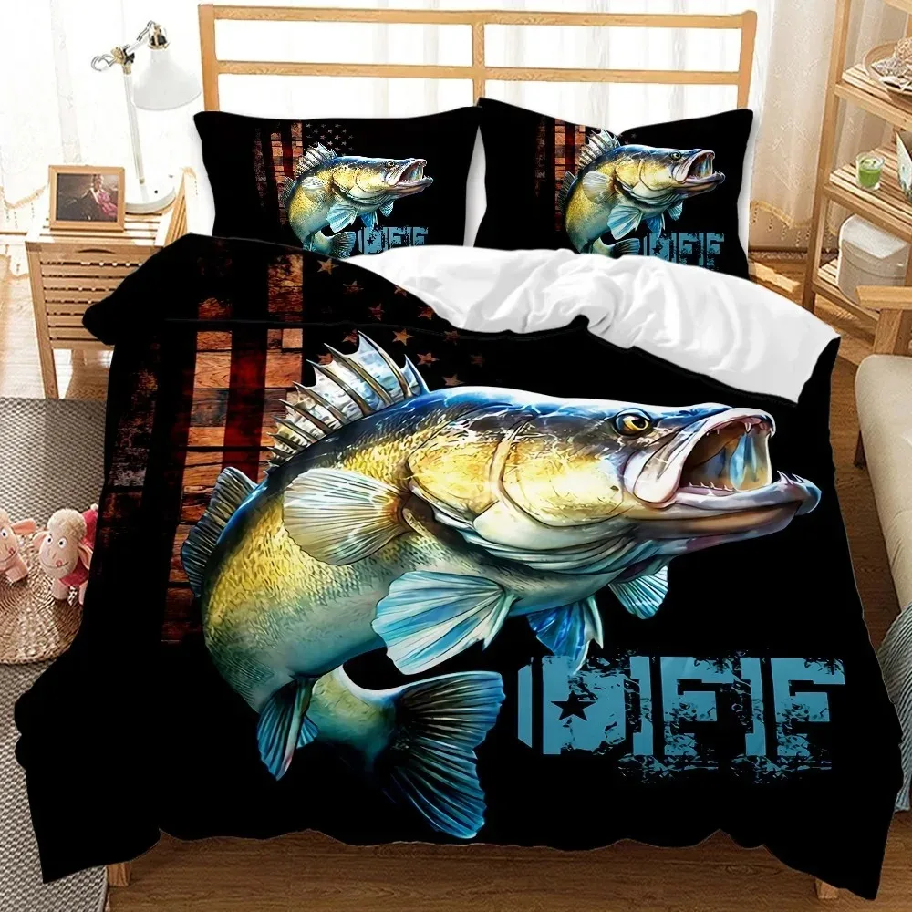 3D Print Big Pike Fishing Hunting Fly Bedding Set Double Twin King Duvet Cover Comforter Pillowcase Boys Girls Adults Bedroom